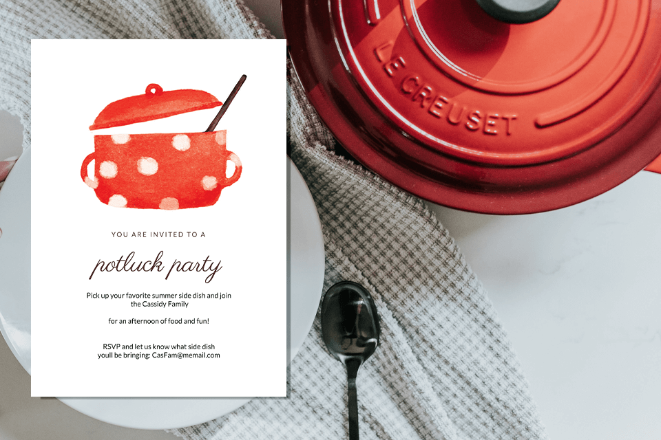 Potluck Dinner Party Invitation: 'Bring Your Favorite Dish to Share!' Mock-up featuring a convivial red pot, symbolizing the warmth and community of a shared meal.