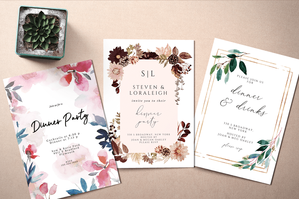 Three elegant dinner party invitations, each adorned with intricate floral ornament illustrations, are tastefully placed on a table beside a pot of blooming flowers, inviting guests to an evening of sophistication and charm.