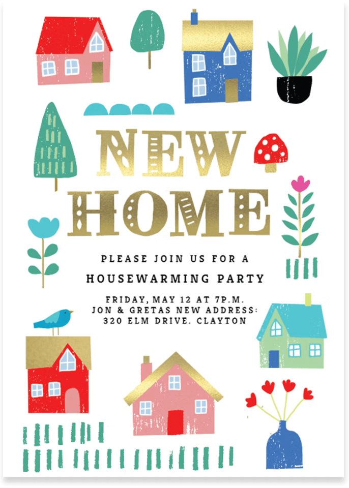 housewarming invitation with houses illustrations
