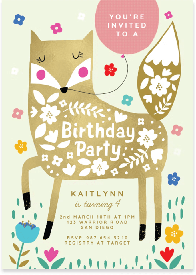 gold fox illustration for a birthday party invitation