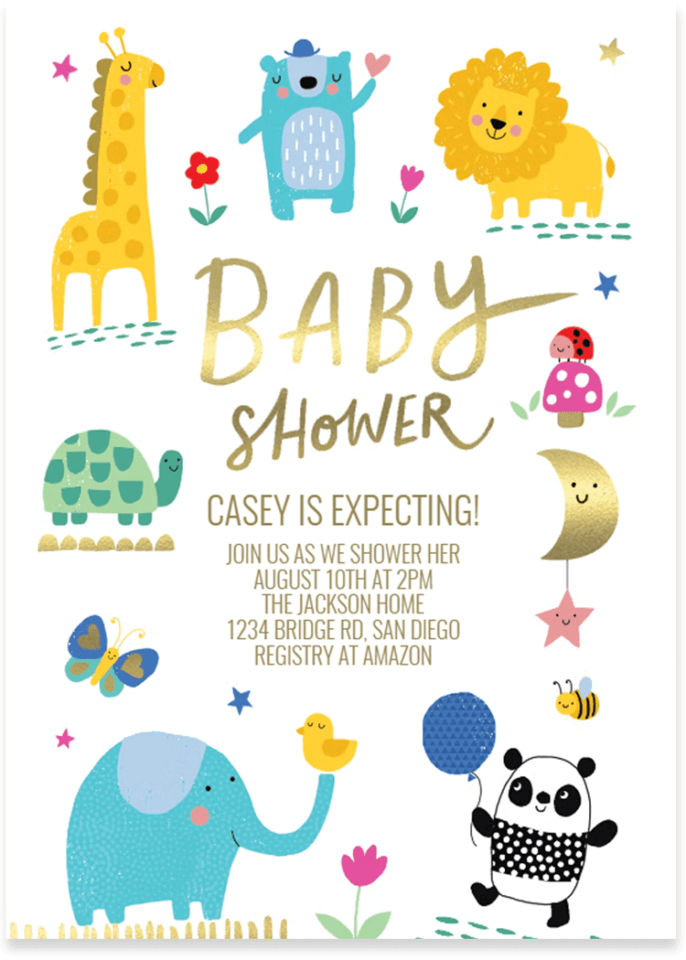 baby shower invitation with animals illustrations