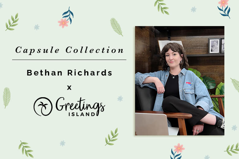 Banner in light green showcasing a portrait of designer Bethan Richards, framed by her signature illustrations.