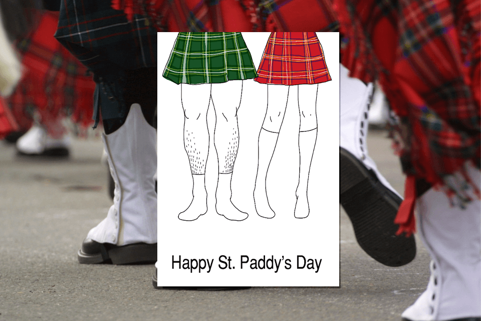 Happy St. Patrick's Day greeting card with people wearing Irish kilts in the background