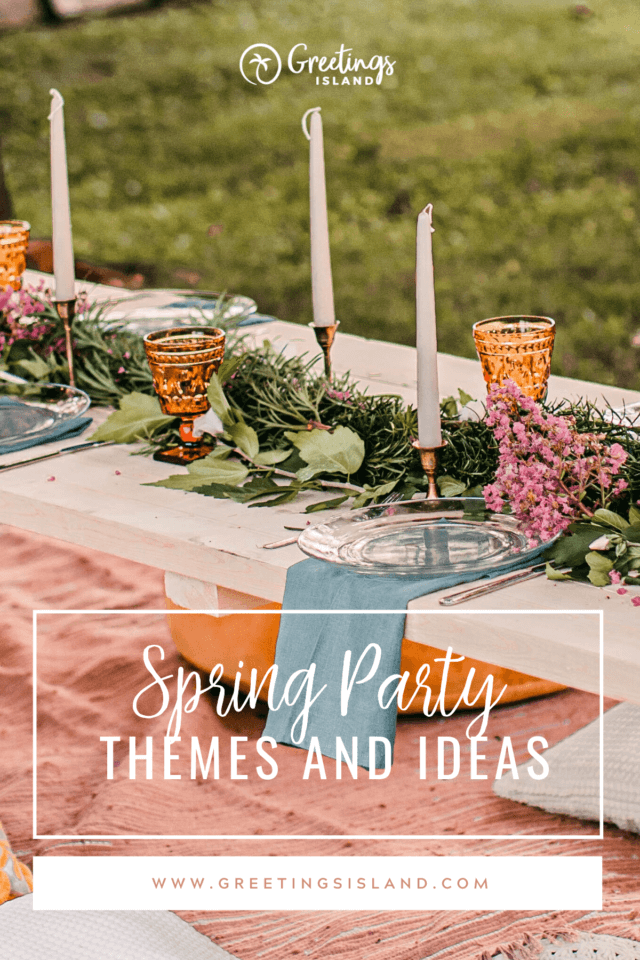 spring party themes and ideas pinterest pin image for the blog post