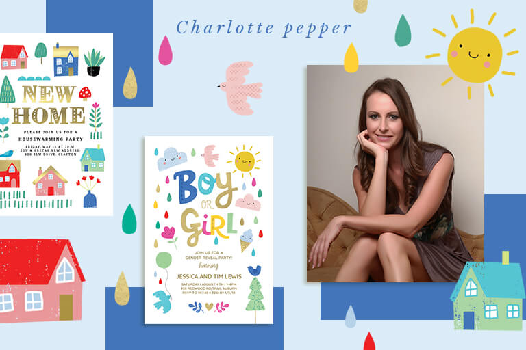 Banner showcasing Charlotte Pepper's portrait alongside two of her invitation designs, each adorned with vibrant, colorful illustrations.