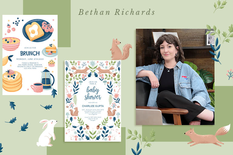 Banner featuring Bethan Richard's portrait flanked by two of her intricate invitation designs, highlighting her bespoke stationery services.