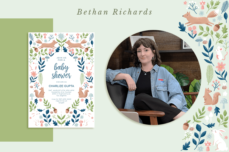 Banner featuring Bethan Richard's portrait flanked by two of her intricate invitation designs, highlighting her bespoke stationery services.
