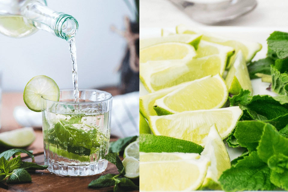 St. Patrick's Day green drinks pouring an alcoholic beverage to a glass with lime and mint leaves and on the  lime and mint leaves