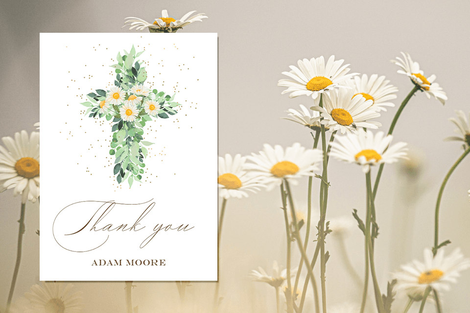 A thank you card with cross design with daisies for baptism and christening party