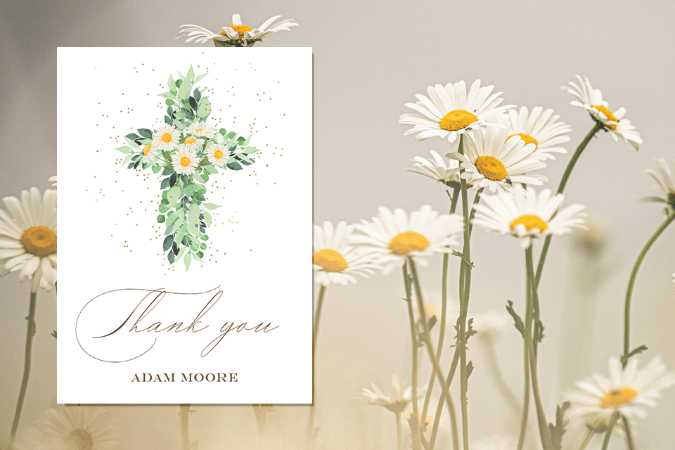 A heartfelt thank you card adorned with a tasteful cross design intertwined with daisies, perfect for expressing gratitude to guests of a baptism or christening party.