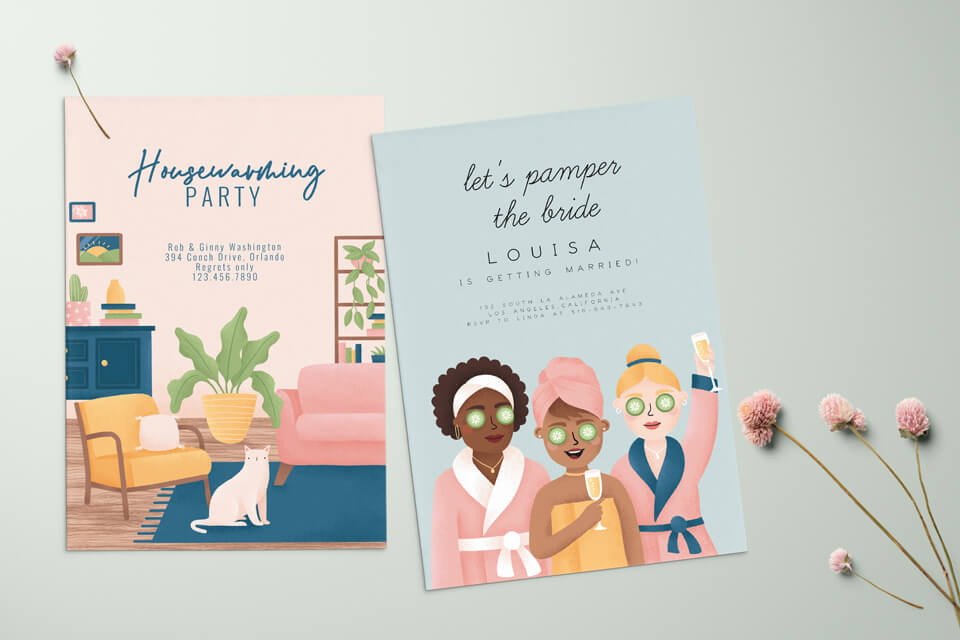 housewarming party invitation and bachelorette party invitation designs by Bethan Richards for Greetings Island