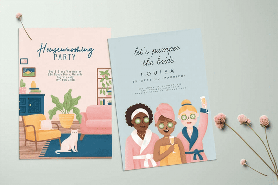 mock-up-2-cards-new1-Upscale Custom invitation designs by Bethan Richards for Greetings Island: The housewarming party invitation showcases an inviting illustration of a living room bathed in warm colors, conveying a sense of homey hospitality, while the bachelorette party invitation presents a chic and stylish depiction of three women enjoying a relaxing spa day, adorned with celebratory motifs.