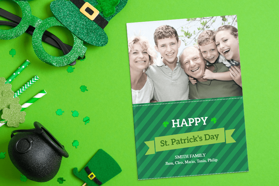 Happy St. Patrick's Day photo greeting card on a green background with St. Patrick's elements
