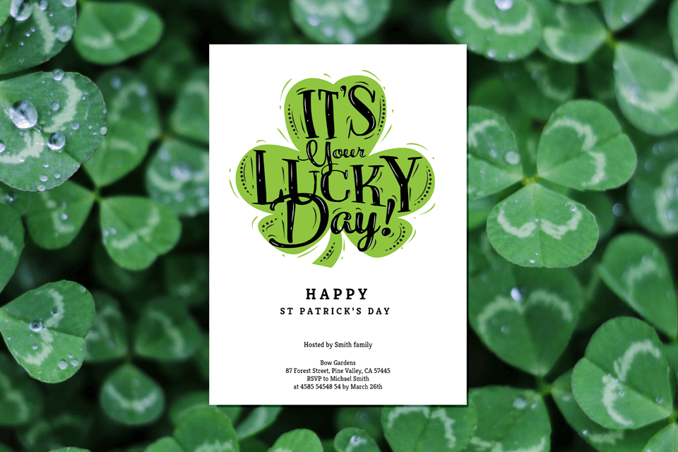 St Patrick's day party invitation with a lucky clover design set on a background of lucky clovers