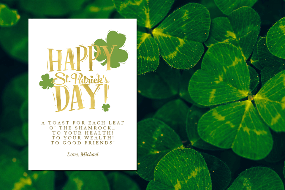 Happy St. Patrick's Day greeting card on a background with lucky clovers