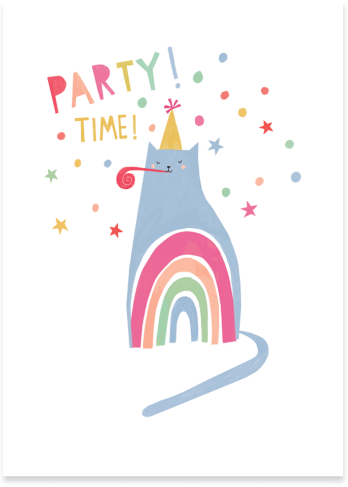 party time greeting card with cat illustration