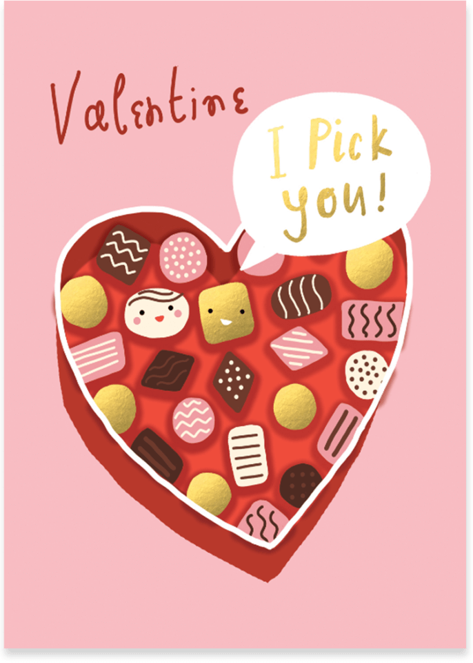 greeting card with an illustration of chocolate box in the shape of a heart
