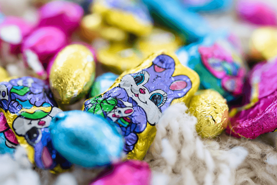 chocolate eggs and chocolate bunnies photographed from upclose