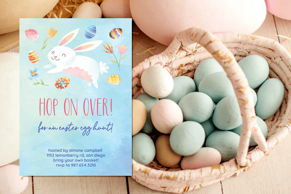 easter invitation with rabbit and eggs illustrations
