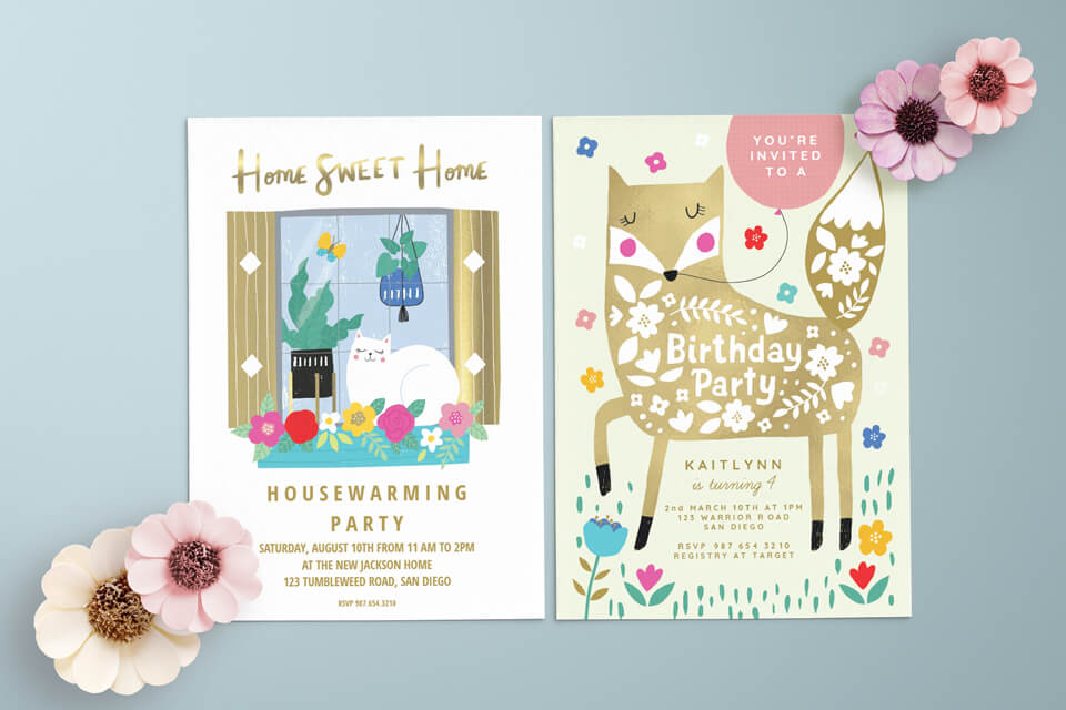 Two invitations by Charlotte Pepper for Greetings Island: a housewarming invite with 'Home Sweet Home' in gold, featuring an open window with gold curtains, flowers, and a peaceful cat; and a birthday invite with a golden fox adorned with white flower illustrations and 'Birthday Party' text, surrounded by colorful small flowers.