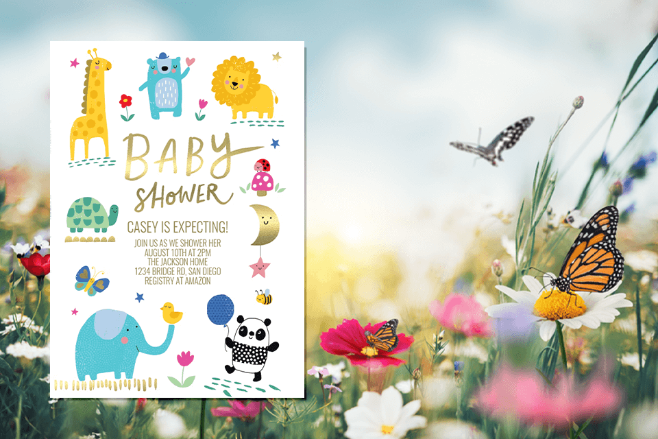 Baby shower invitation by Charlotte Pepper for Greetings Island, brimming with playful animal illustrations—giraffe, bear, lion, turtle, moon, butterfly, elephant, panda, and flowers—set against a meadow backdrop with colorful flowers and butterflies.