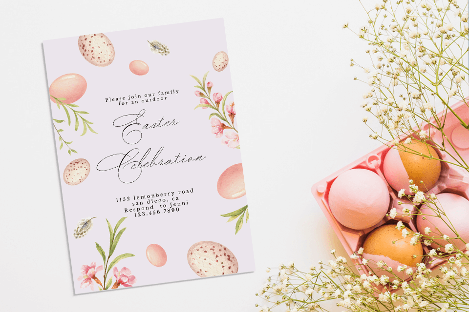 easter invitation for easter party illustrated with eggs and flowers sitting close to a pack of eggs
