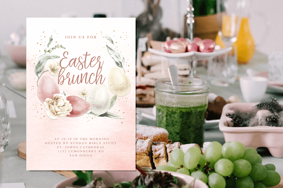 easter brunch invitation with egg wreath illustration sitting on background with a set table for easter brunch