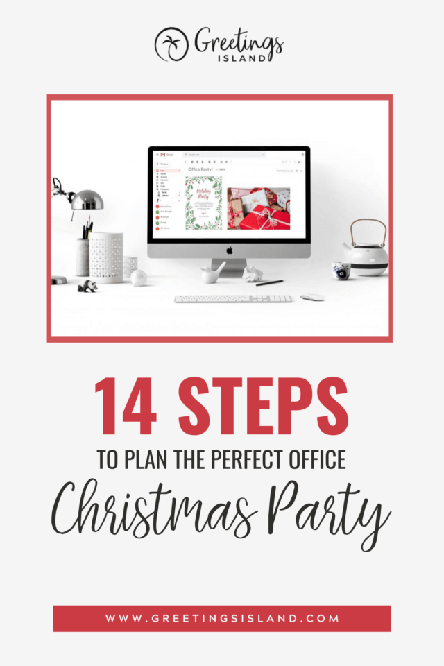 14 steps to plan the perfect office Christmas party Pinterest banner, featuring cover and blog title