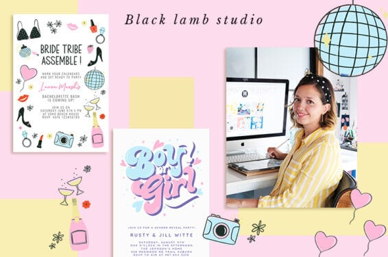 Banner showcasing Isabel Serna of Black Lamb Studio, smiling as she stands in front of a computer. Adjacent are two of her invitation designs, harmoniously complemented by illustrations from her portfolio.