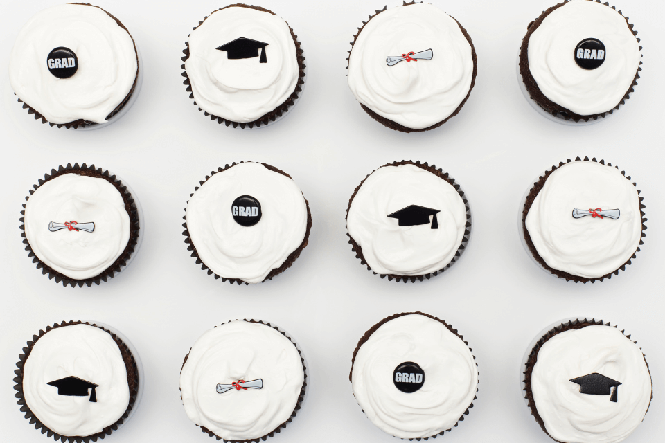 graduation cupcakes photographed from a high angle view
