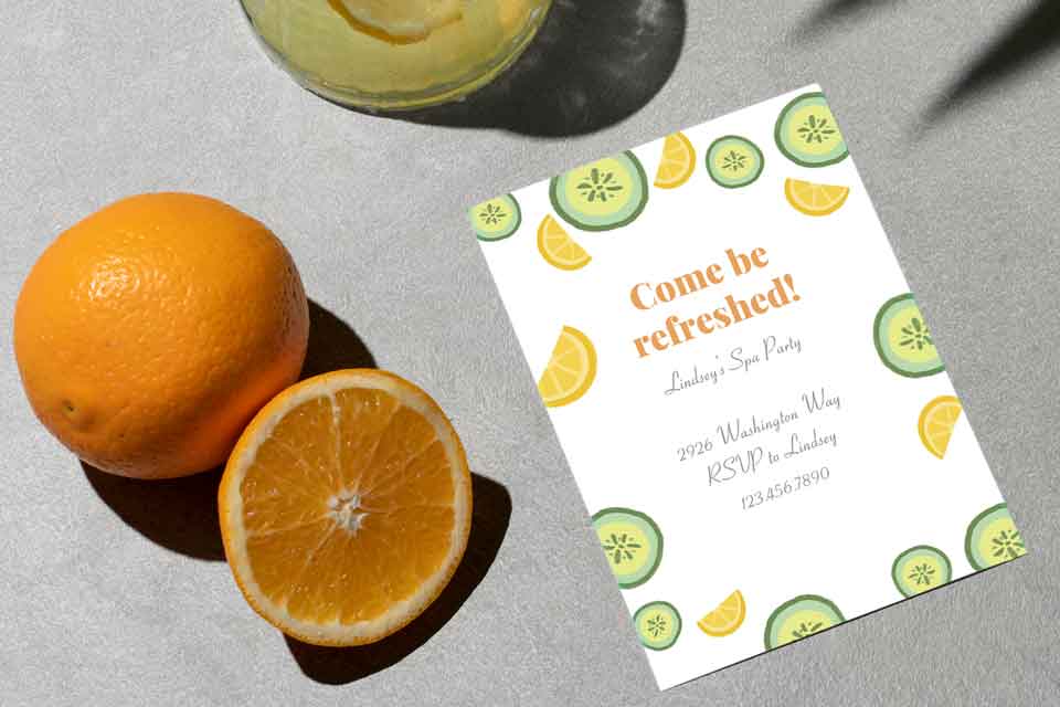 A spa party invitation placed on a grey concrete background, with a cluster of oranges positioned nearby.