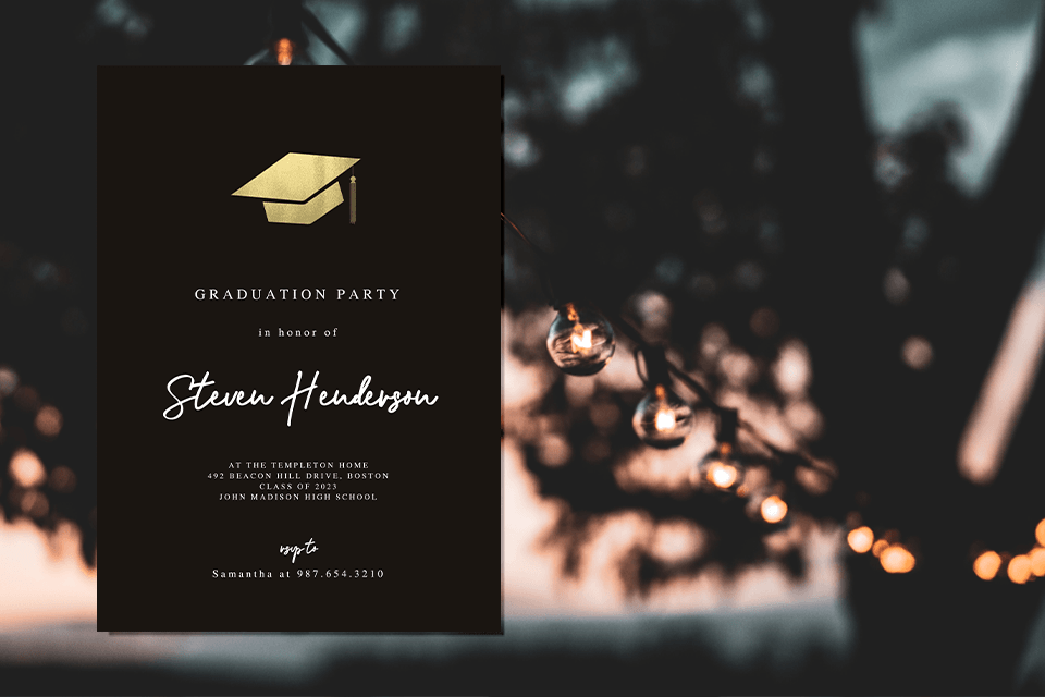 An elegant black and gold graduation invitation, featuring a background adorned with a string of decorative lights twinkling among the trees. 