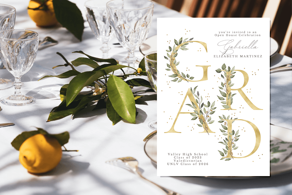 elegant white and gold graduation invitation. in the background is a set table decorated minimally with some lemons and leaves