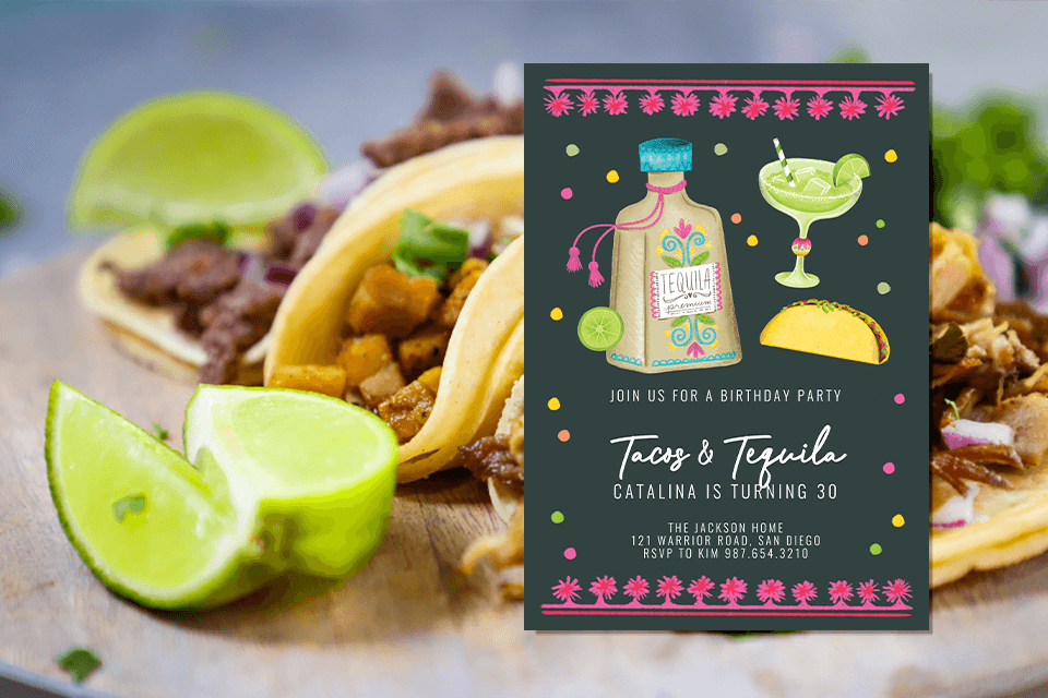 tacos and tequila invitation for a party with tacos and lime in the background