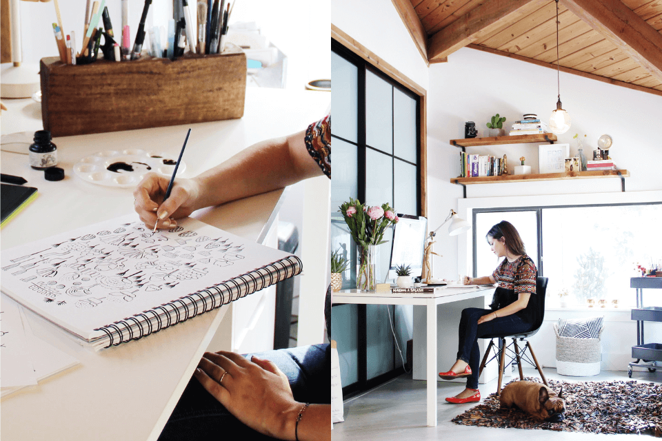 isabel serna - designer behind Black lamb studio photographed drawing in her home studio