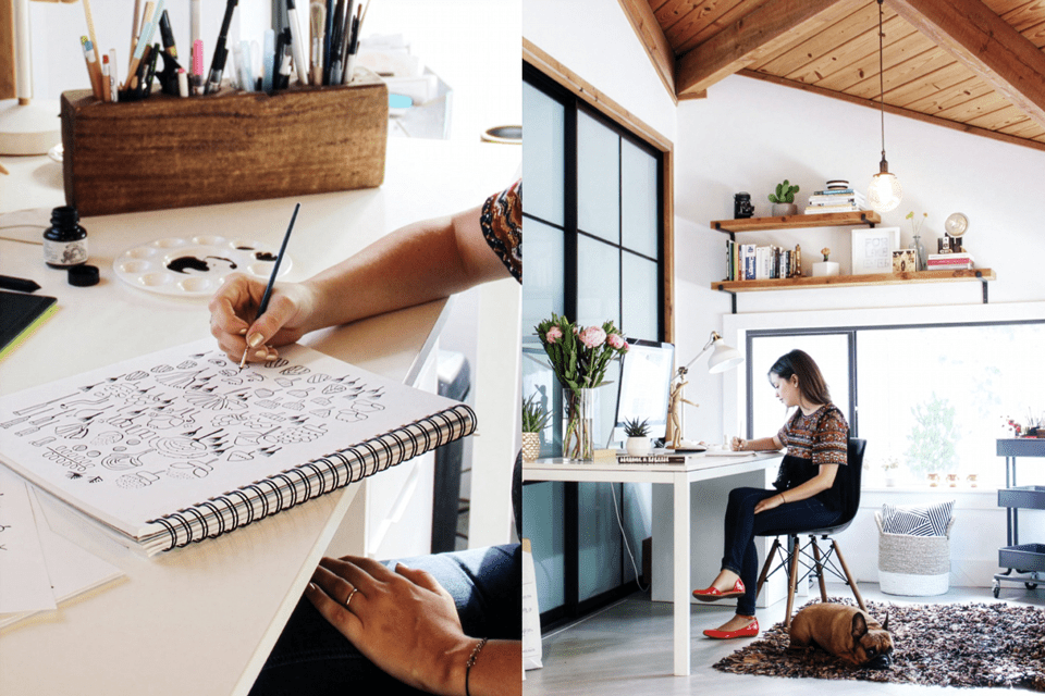 1-image-designer-in-studio Isabel Serna, the creative force of Black Lamb Studio, captured in her home studio, immersed in the art of drawing.