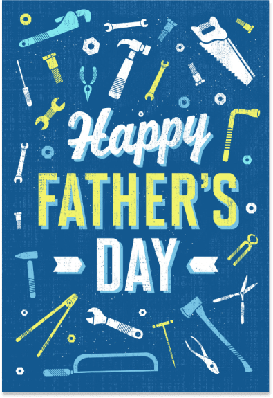 Father's Day card featuring a vibrant blue background adorned with intricate drawings of various work tools, celebrating Dad's craftsmanship and dedication