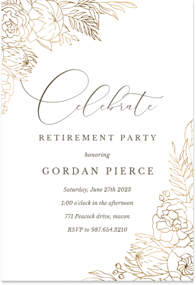 Elegant retirement party invitation featuring timeless design elements: intricate gold ornamental line drawings adorn the corners, embodying sophistication and prestige