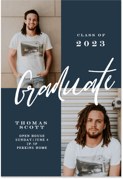 A graduation party invitation design, featuring a photograph of a man. This design sets the tone for a celebratory gathering in honor of the graduate, with the photograph adding a personal touch to the invitation.