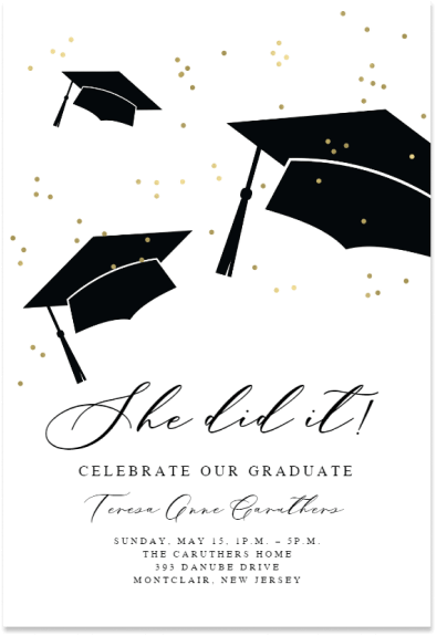 A graduation invitation featuring three illustrations of black graduation caps, each adorned with gold sprinkles. This elegant and festive design captures the celebratory essence of graduation, with the gold sprinkles adding a touch of sophistication and joy to the classic black caps.