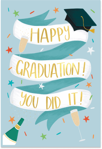 A 'Happy Graduation, You Did It!' graduation card featuring an illustration of a graduation cap and a champagne bottle. This design embodies the celebratory spirit of graduation