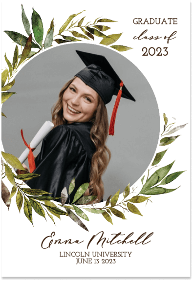 A graduation announcement card featuring a central photo encircled by a wreath of greenery. 