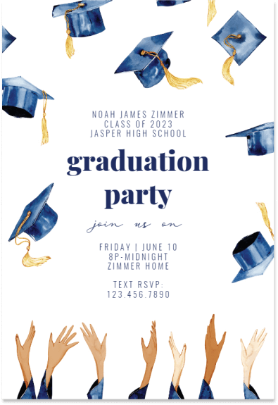 A graduation party invitation featuring a dynamic illustration of hands at the bottom, jubilantly throwing graduation caps into the air. The image captures the celebratory spirit of a graduation