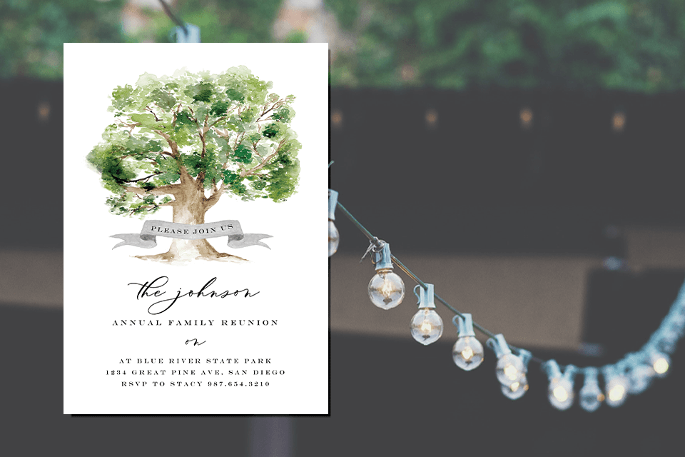 A family reunion invitation graced with a tree illustration, set against a backdrop of twinkling string lights that evoke a warm, outdoor celebration.
