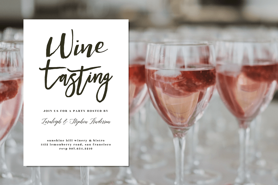 Wine tasting invitation elegantly presented on a background featuring glasses filled with various shades of wine, hinting at the sophisticated palate experience to come.