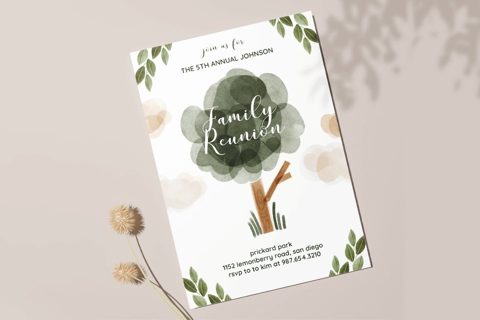 Watercolor family reunion invitation featuring a stylized tree design, symbolizing the growing, interconnected branches of family ties.