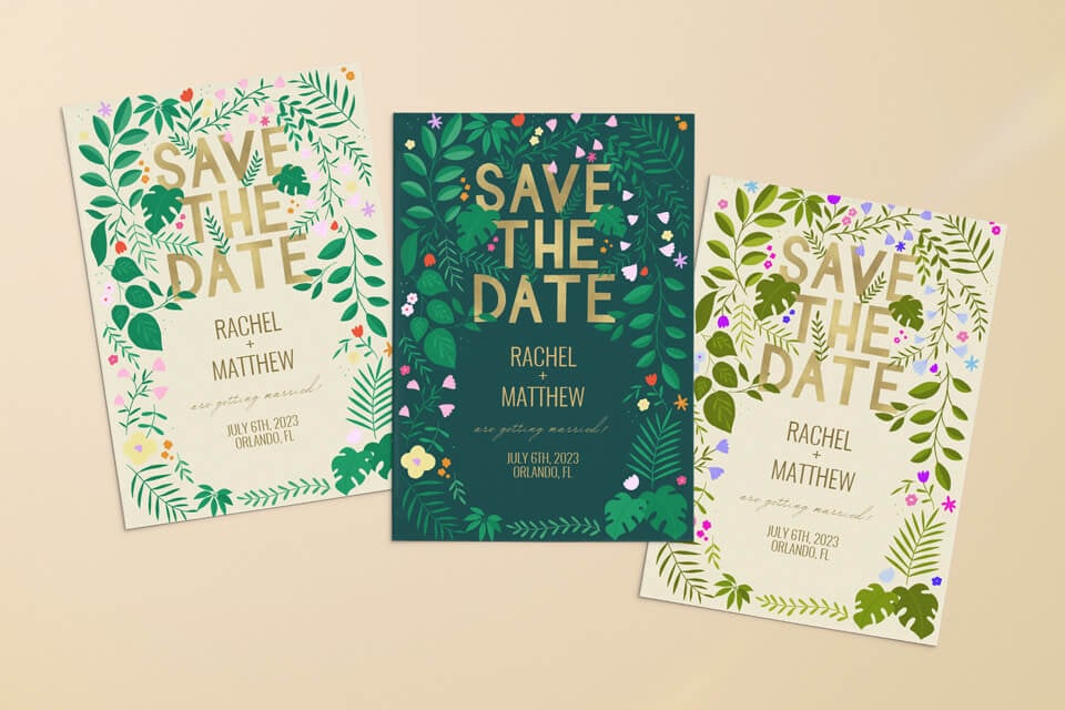 three different color variation for save the date invitations designed by Isabel Serna - Black Lamb for Greetings Island