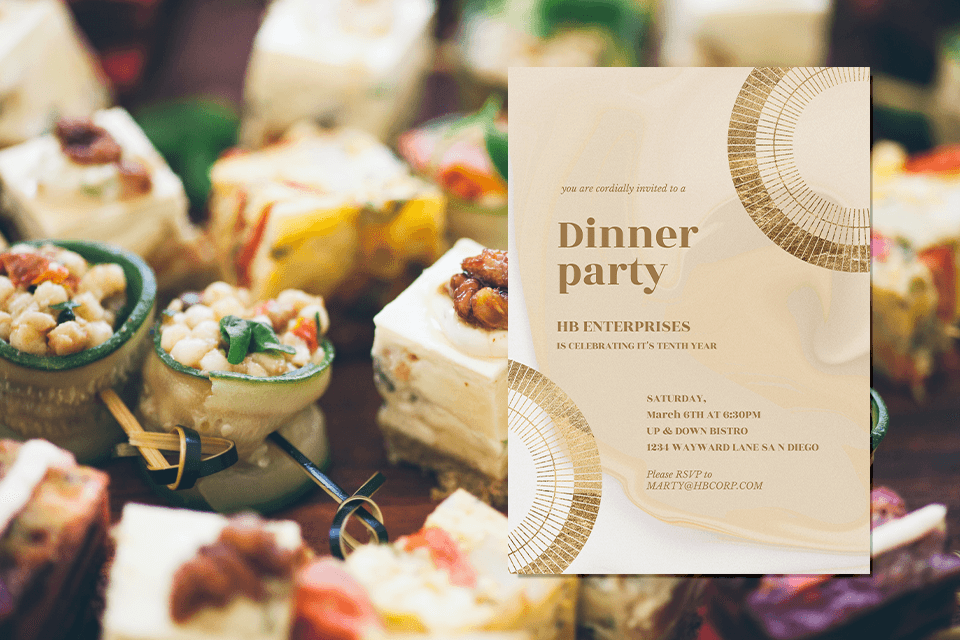 A dinner party invitation rests upon a background scattered with an assortment of delectable finger foods, setting the tone for an evening of culinary delights.