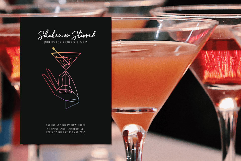 cocktail party invitation standing on a martini glasses background