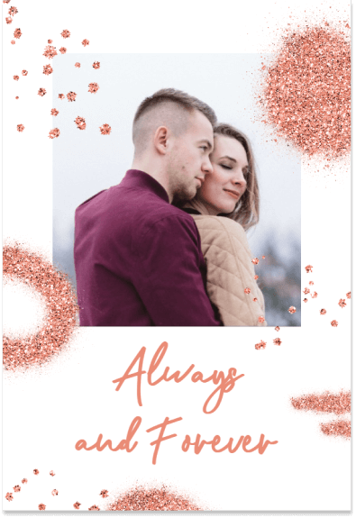 Romantic Couple Embracing in the Center, Surrounded by Peach-Colored Sprinkles and 'Always and Forever' Card